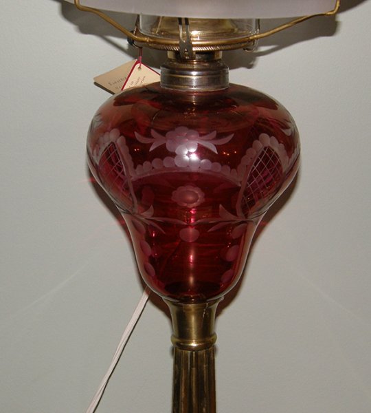 Pair of Cranberry Etched Lamps
