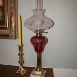 Pair of Cranberry Etched Lamps